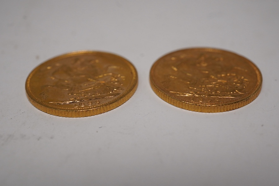 Australia gold coins, Victoria, two gold sovereigns, veiled head, 1893S, near EF, 1899M, good VF